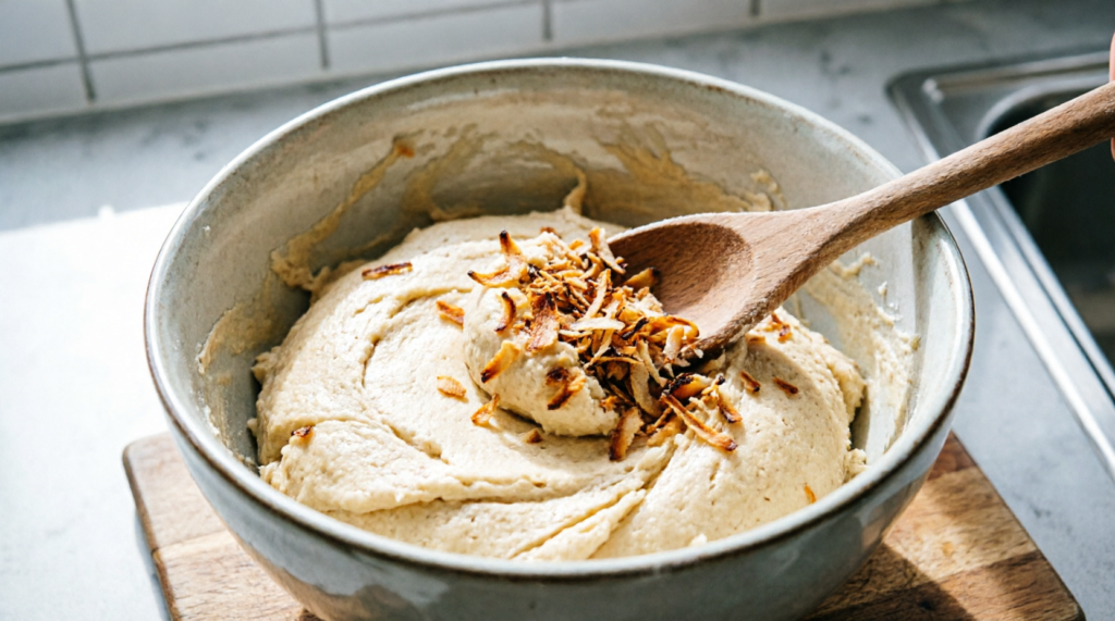 Toasted coconut being folded into cookie dough