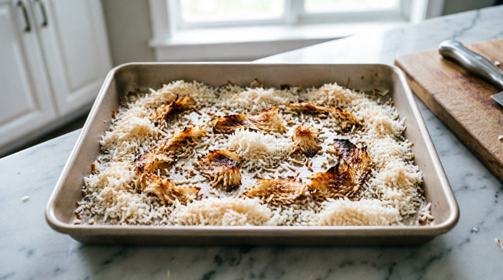 Shredded coconut toasting on a baking tray