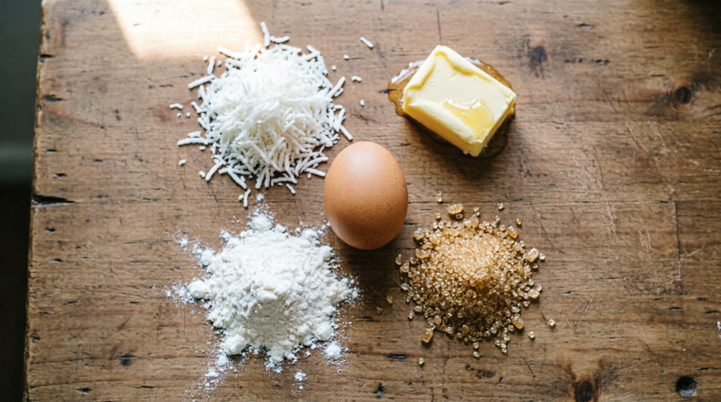 Ingredients for coconut cookies laid out on counter
