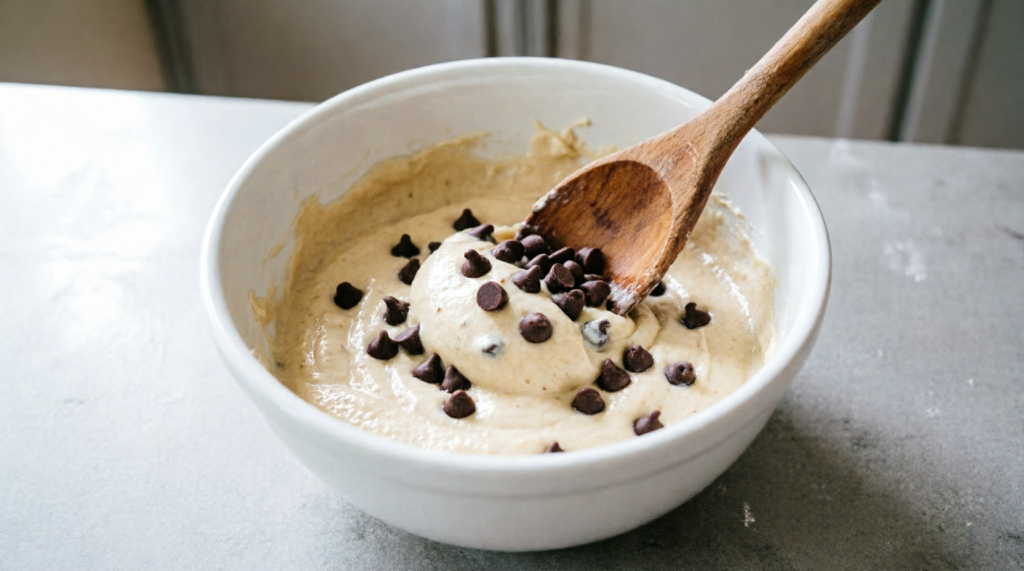 Mini chocolate chips being folded into cottage cheese cookie dough