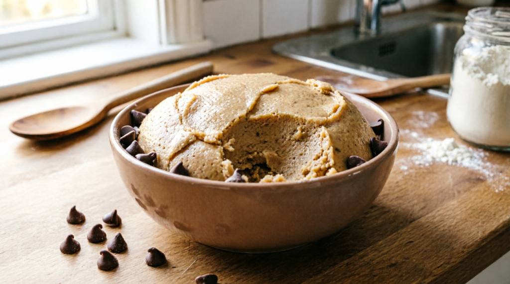 Bowl of finished cottage cheese cookie dough with chocolate chips