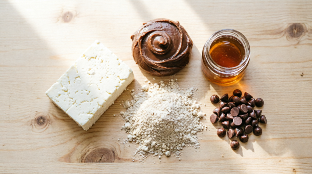 Ingredients for cottage cheese cookie dough laid out on counter