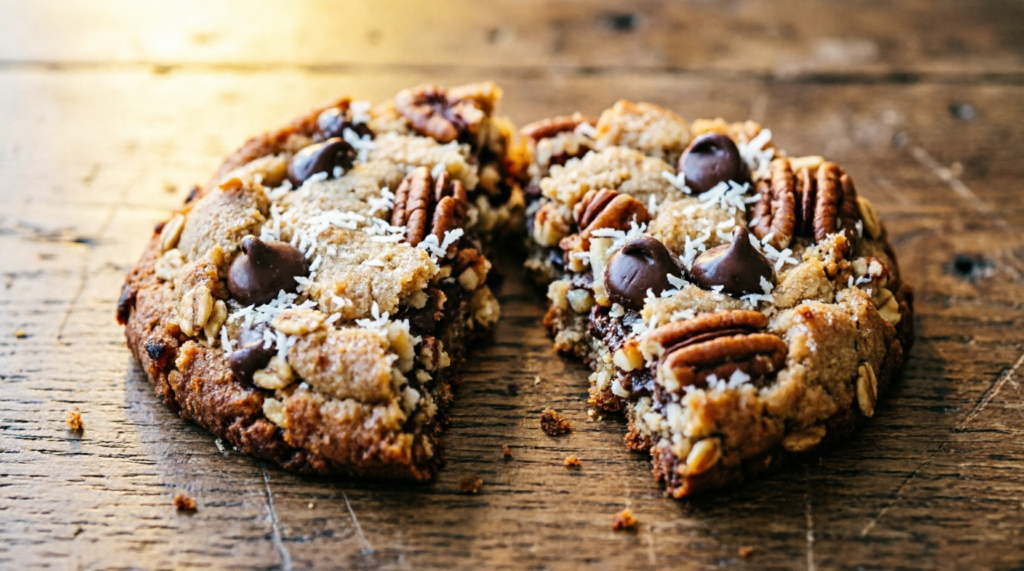 Close-up of a cowboy cookie showing chewy loaded texture