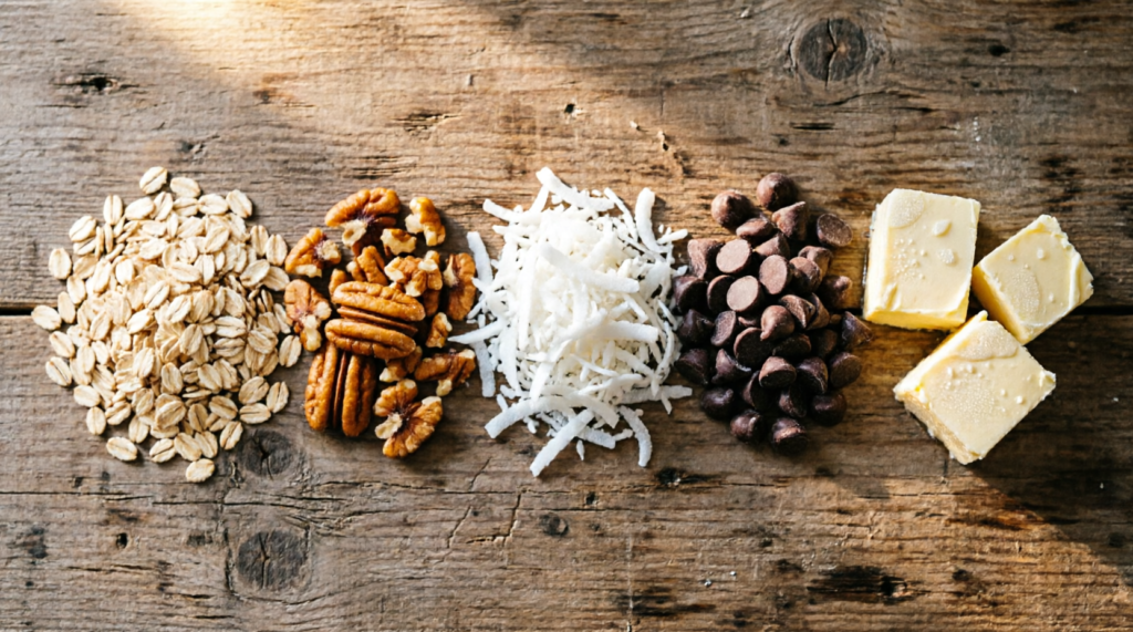 Ingredients for cowboy cookies laid out on counter