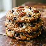 Stack of loaded cowboy cookies with oats pecans and chocolate chips