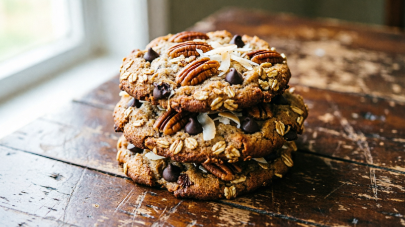 Stack of loaded cowboy cookies with oats pecans and chocolate chips