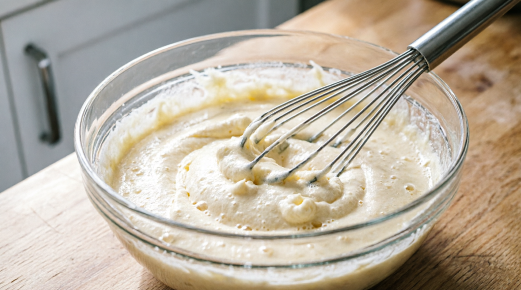 Butter and sugars creamed together in a mixing bowl