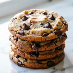 Stack of dairy-free chocolate chip cookies with golden edges