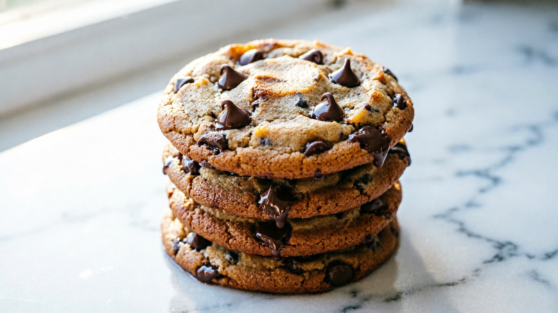 Stack of dairy-free chocolate chip cookies with golden edges