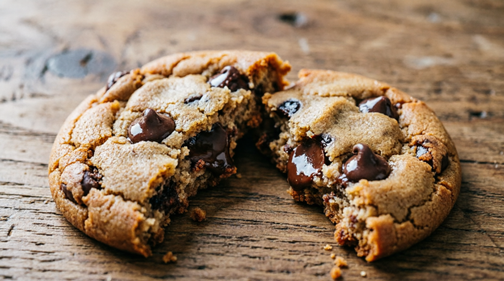 Close-up of a dairy-free chocolate chip cookie broken in half
