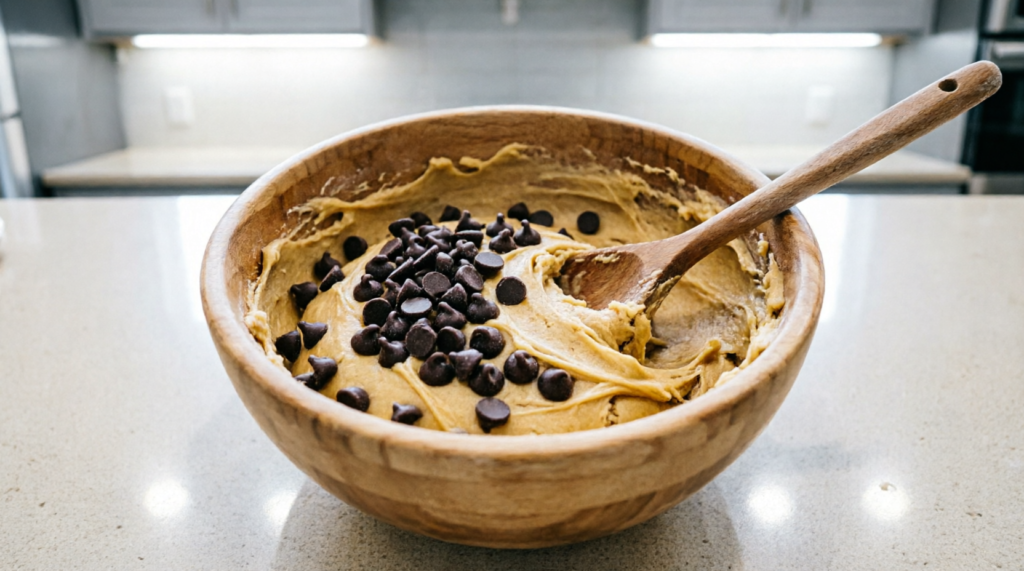 Dairy-free chocolate chips being folded into cookie dough