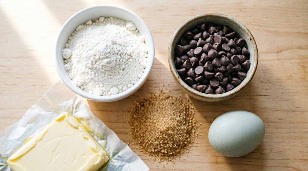 Ingredients for dairy-free chocolate chip cookies laid out on counter