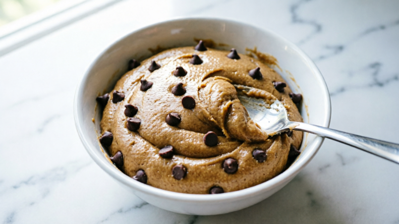 Bowl of gluten-free chocolate chip cookie dough with a spoon