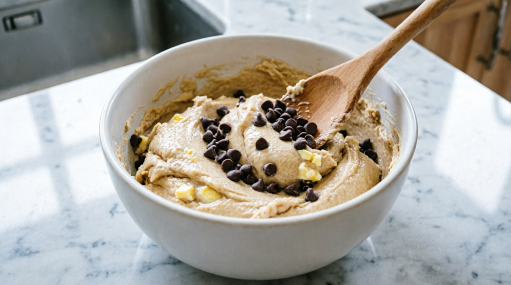 Mini chocolate chips being folded into gluten-free cookie dough
