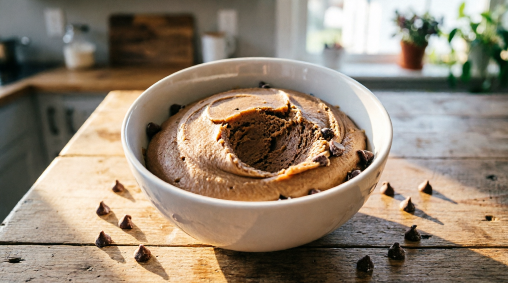Bowl of finished gluten-free cookie dough with chocolate chips