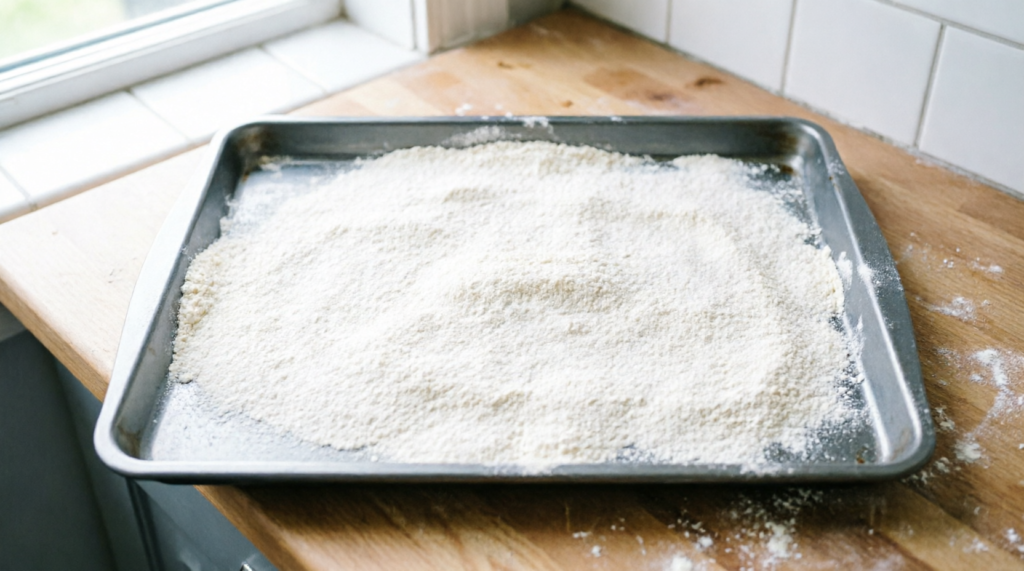 Gluten-free flour spread on a baking tray for heat treating