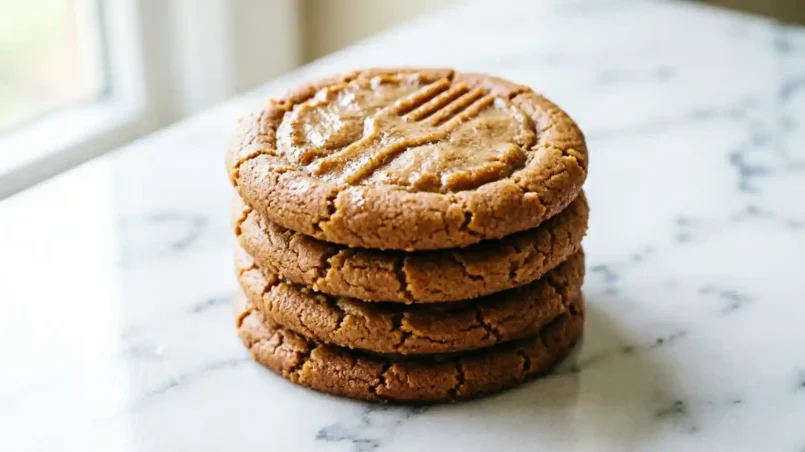 Stack of keto peanut butter cookies with fork crisscross pattern