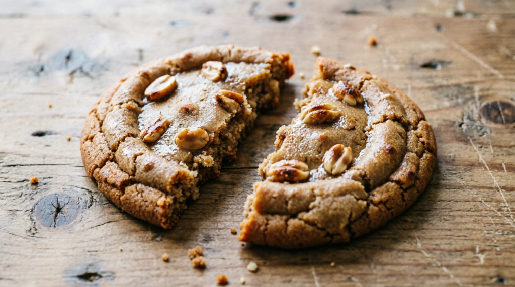 Close-up of a keto peanut butter cookie broken in half