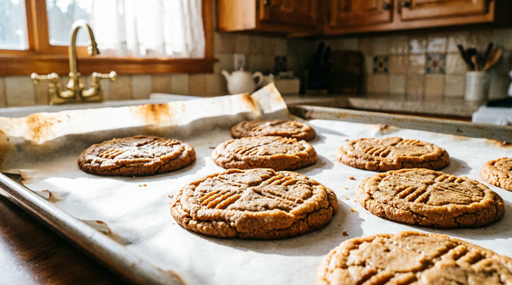Finished keto peanut butter cookies cooling on a tray
