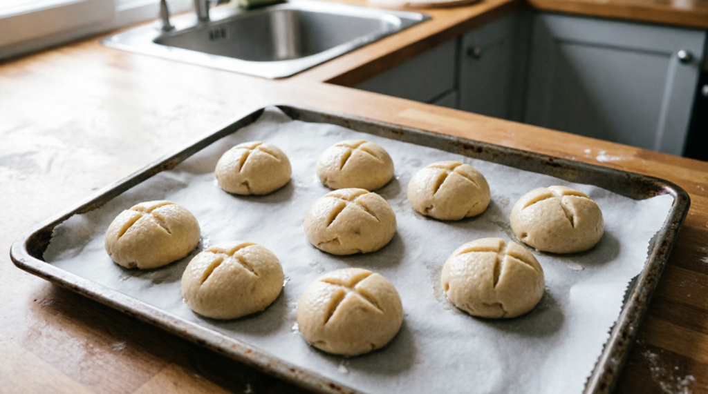 Cookie dough balls with fork marks pressed on top before baking