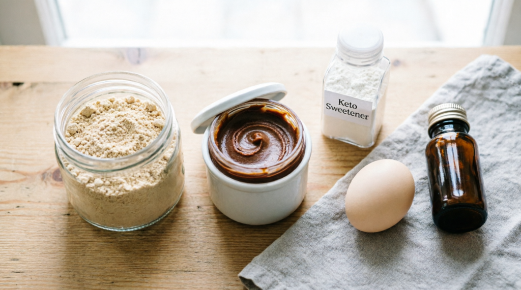 Ingredients for keto peanut butter cookies laid out on counter