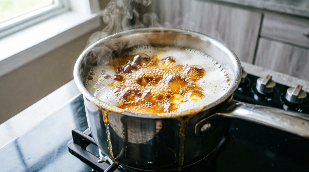 Butter sugar and milk boiling in a saucepan