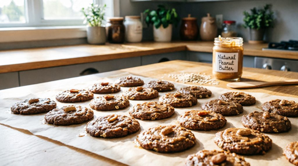 Finished no bake peanut butter oatmeal cookies cooling on parchment paper