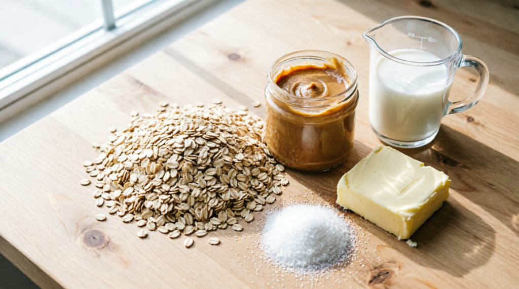 Ingredients for no bake peanut butter oatmeal cookies laid out on counter