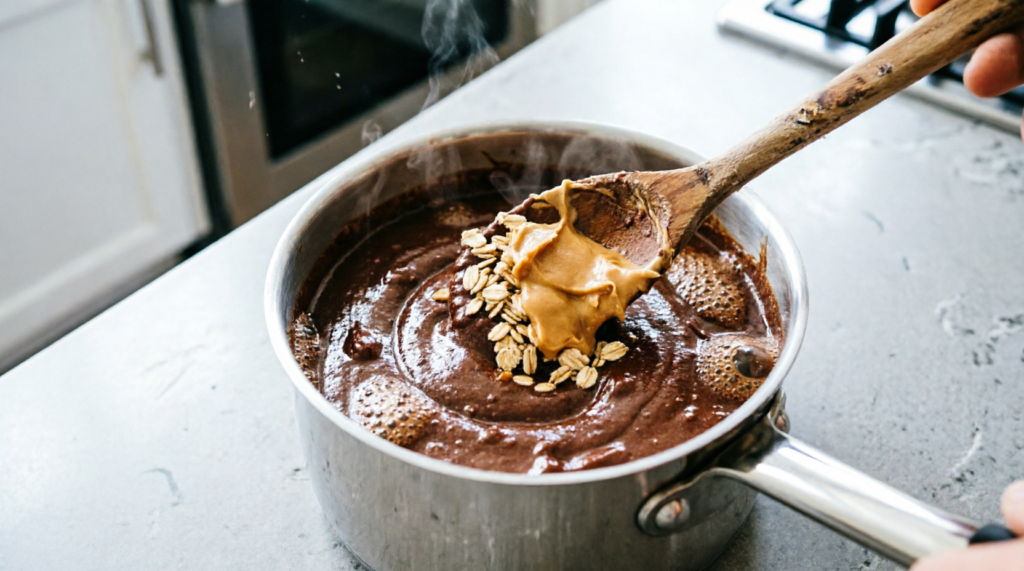 Oats and peanut butter being stirred into hot cookie mixture