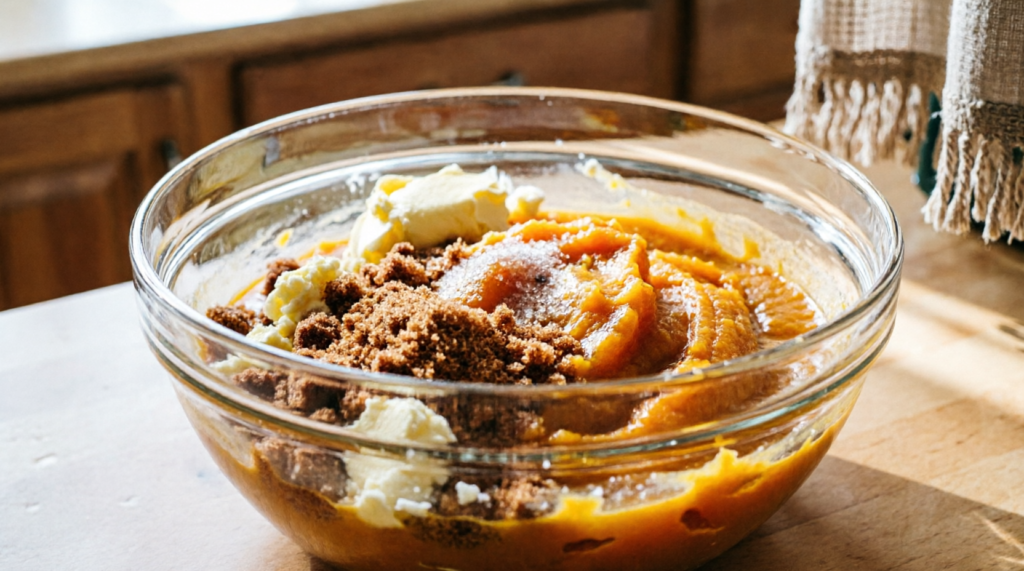 Butter sugar and pumpkin puree creamed together in a bowl