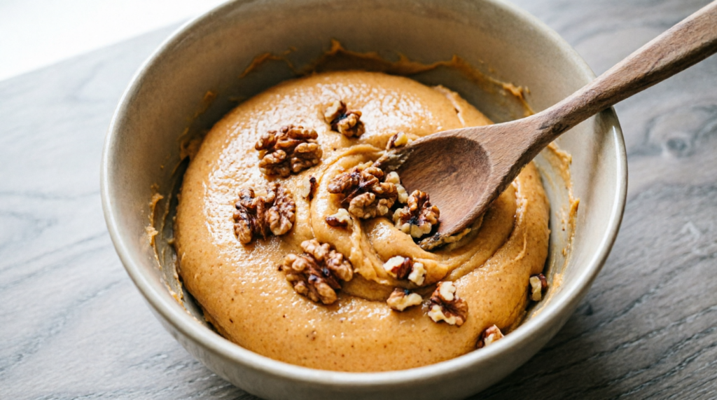 Toasted pecans being folded into pumpkin cookie dough