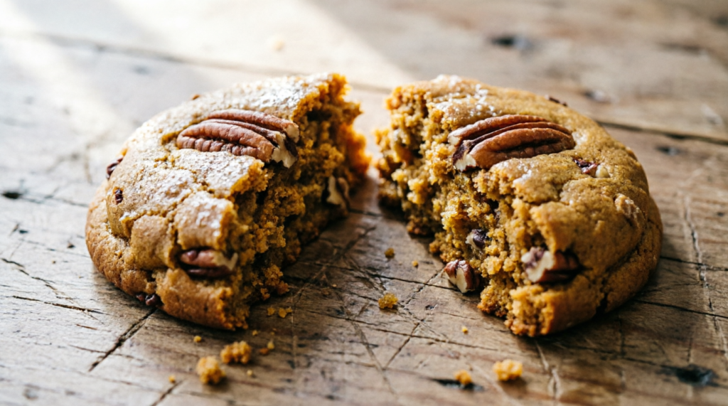 Close-up of a pumpkin pecan cookie showing soft texture