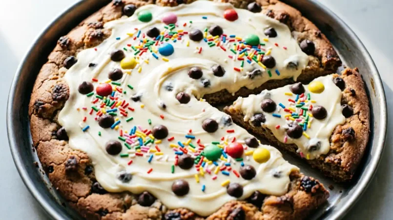 Cookie pizza topped with frosting sprinkles and chocolate candy cut into slices