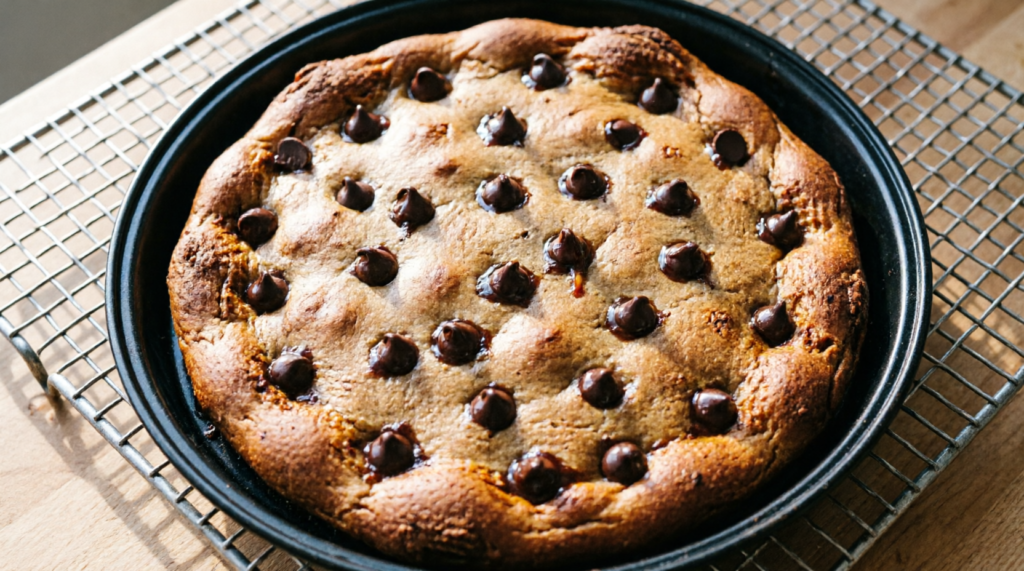 Baked cookie pizza cooling on a wire rack with extra chocolate chips pressed on top