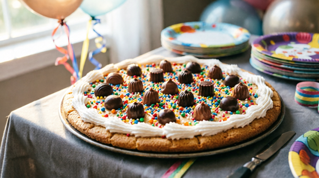 Decorated cookie pizza with frosting and candy toppings