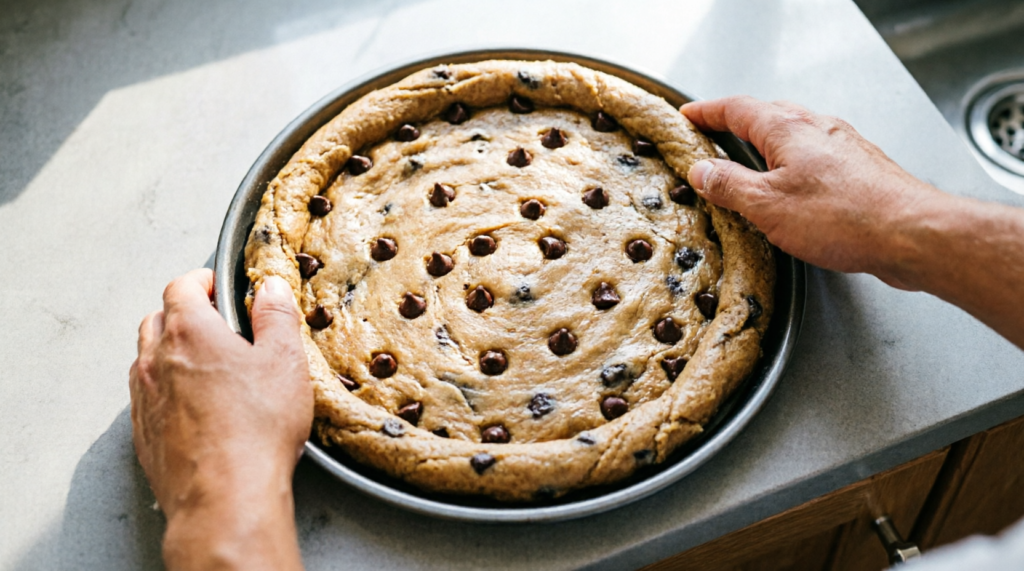 Cookie dough being pressed into a round on a pizza pan