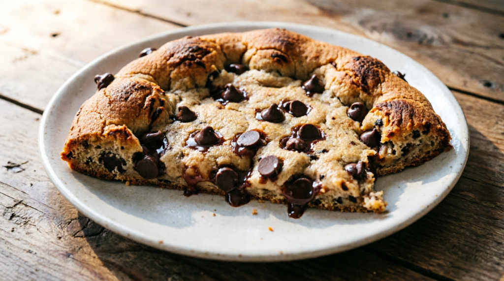 Close-up of a slice of cookie pizza showing soft chewy center with chocolate chips