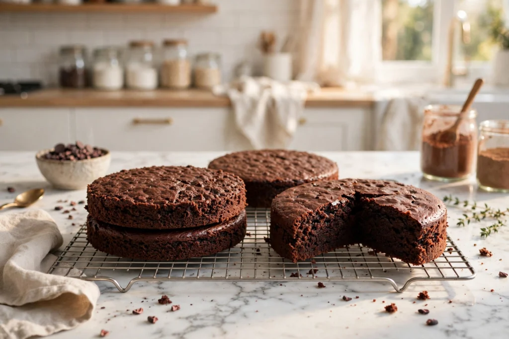 Freshly baked chocolate cake layers cooling on a wire rack