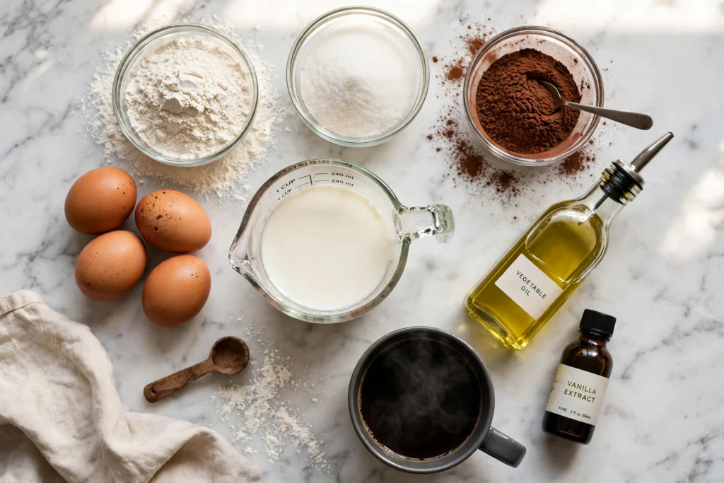 Chocolate cake ingredients arranged on a kitchen counter