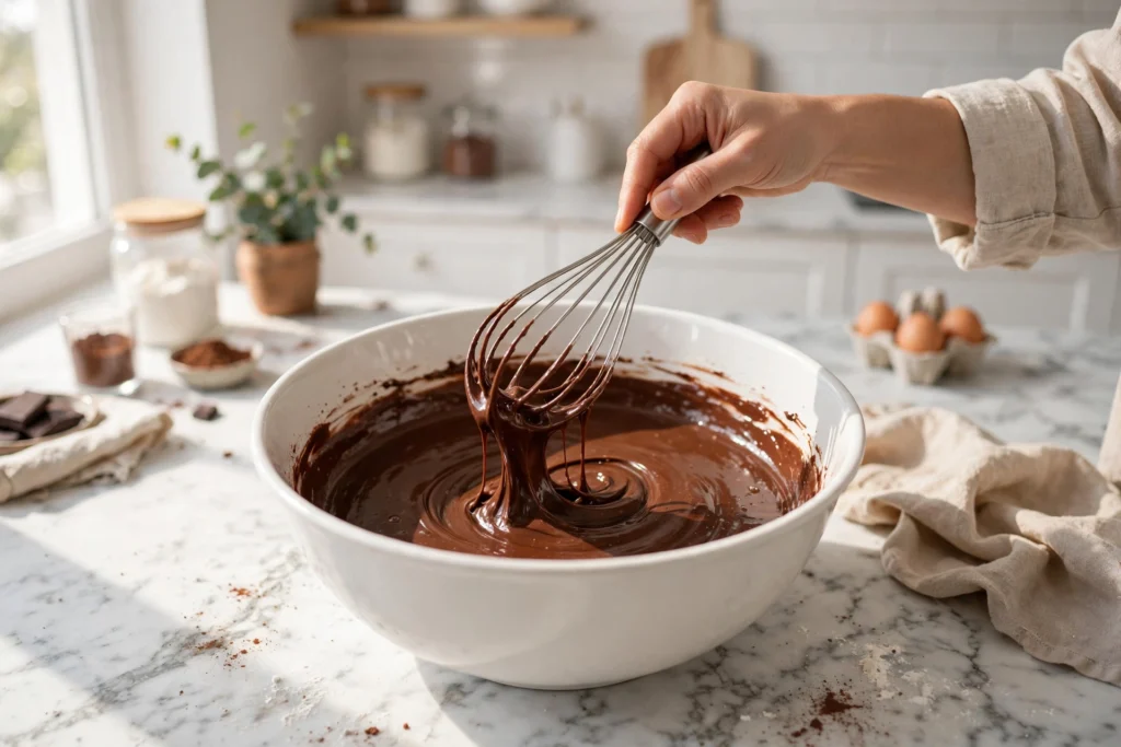 Mixing chocolate cake batter in a large bowl until smooth