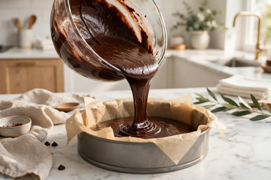 Pouring chocolate cake batter into a round cake pan