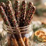 Chocolate covered pretzel rods dipped in smooth chocolate with festive toppings