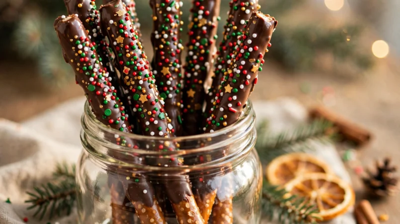 Chocolate covered pretzel rods dipped in smooth chocolate with festive toppings