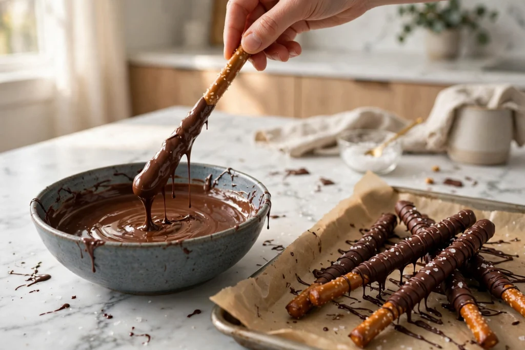 Dipping a pretzel rod into melted chocolate