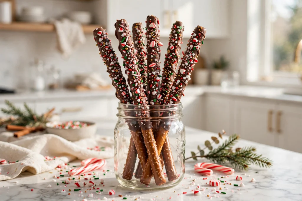 Finished chocolate covered pretzels with white chocolate drizzle on parchment paper