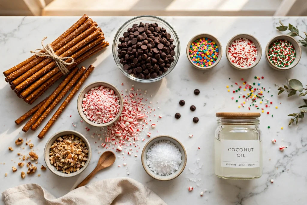 Ingredients for chocolate covered pretzels arranged on a countertop
