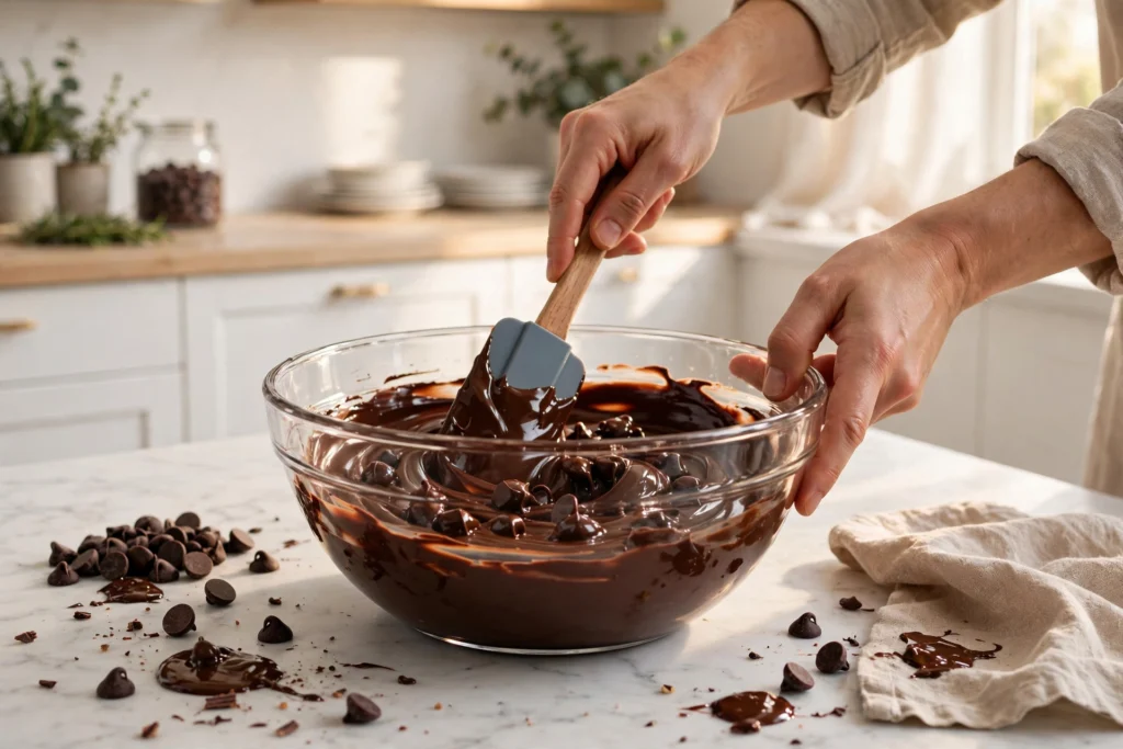 Melting chocolate in a heatproof bowl over simmering water