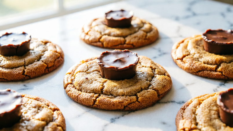 Peanut butter cup cookies with a chocolate peanut butter cup pressed in the center