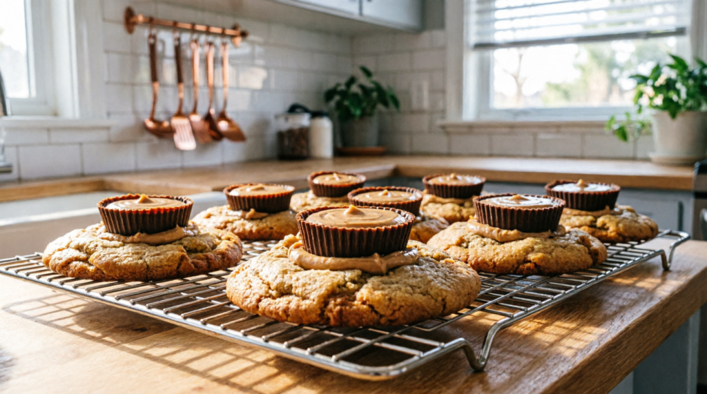 Finished peanut butter cup cookies cooling on a wire rack