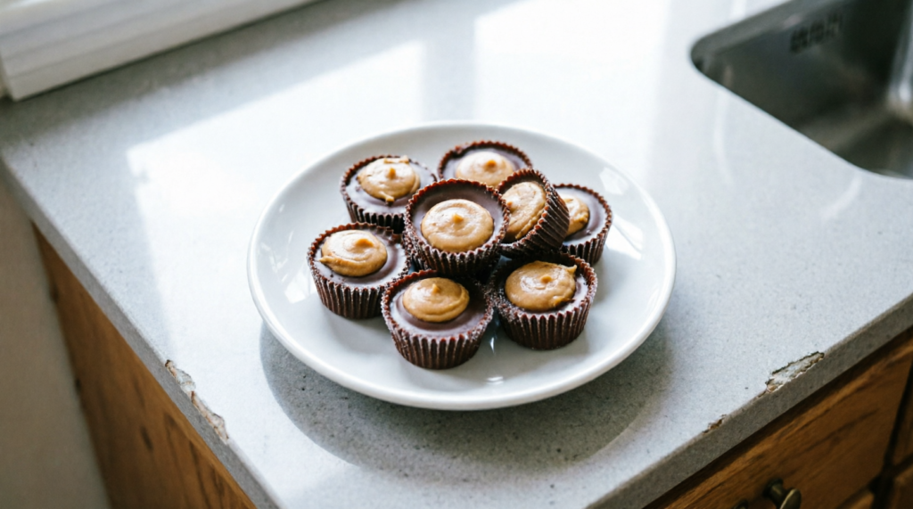 Unwrapped mini peanut butter cups chilling on a plate